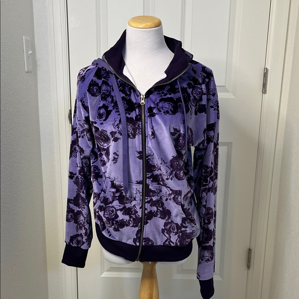 LuLaRoe Bethany Purple Rose Floral Velour Zip Hoodie Large
